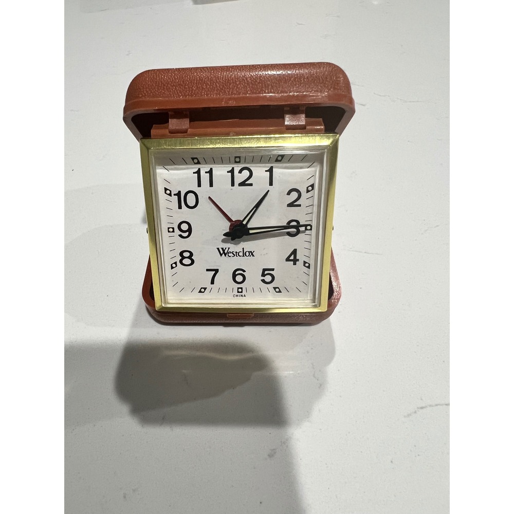 Westclox Vintage Folding Travel Alarm Clock Brown Case Manual Wind Up Gold Tone